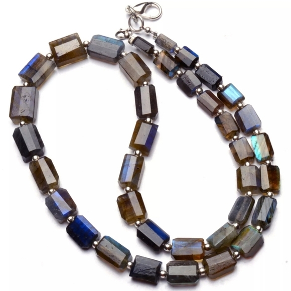 Handcrafted Jewelry - Natural Rainbow Fire Labradorite 8x6 to 11x8mm Faceted Nugget Beads Necklace 16"
